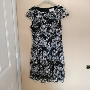 Moon S Floral Black White Lace  Lined Dress Wedding Guest Cocktail Party Stretch